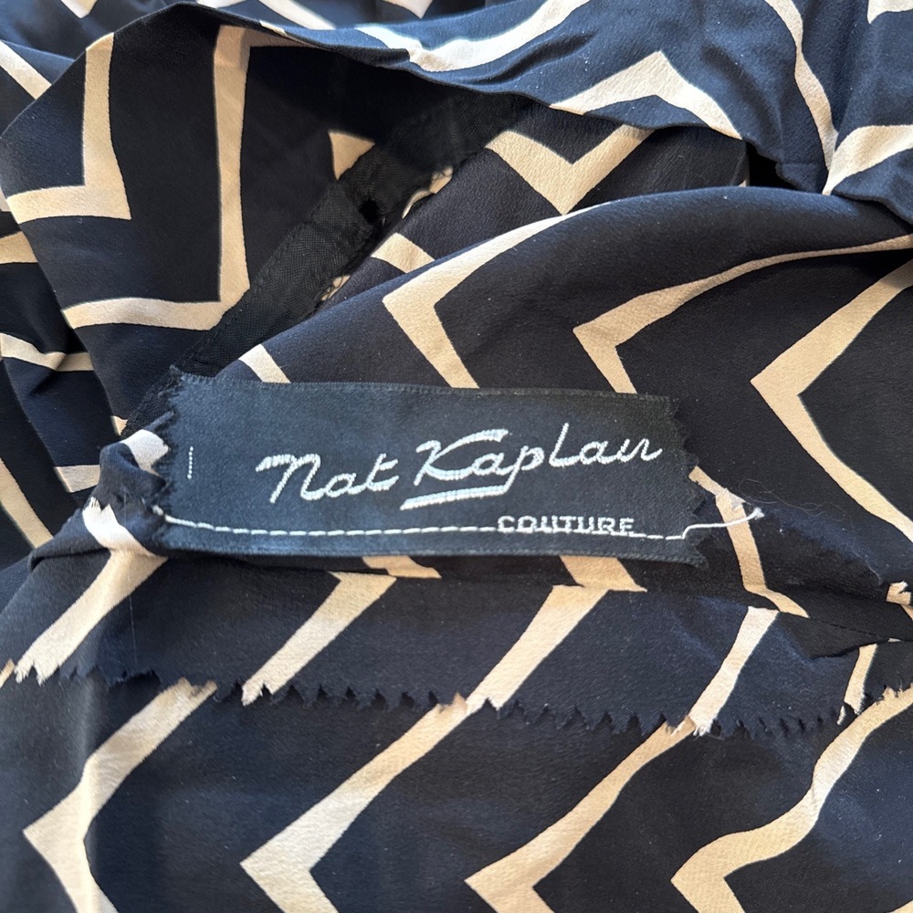 Chevron Patterned 100% Silk Black and Cream Midi Dress - Picture 9 of 10